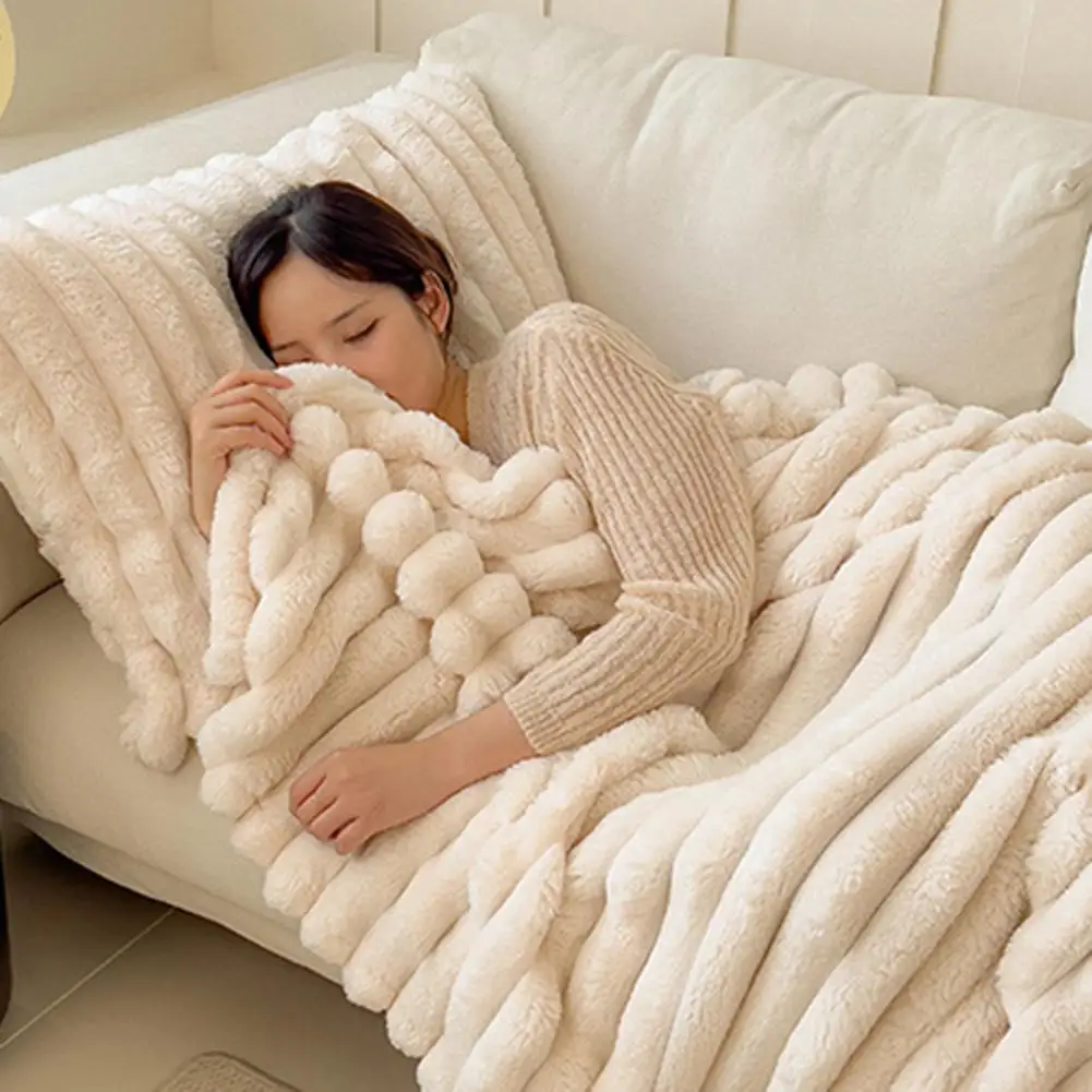 Couch Snuggle Blanket Fluffy Thick Bubble Throw Blanket Cozy Plush Furry Blanket for Couch Sofa Warm Striped Soft for Bedroom