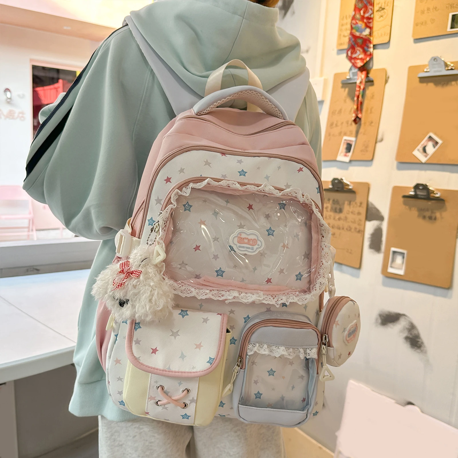Women Nylon Cute Ita Backpack with Clear Insert Pin Display Backpacks with Pendant for Women Teens  Cosplay Concert Gifts