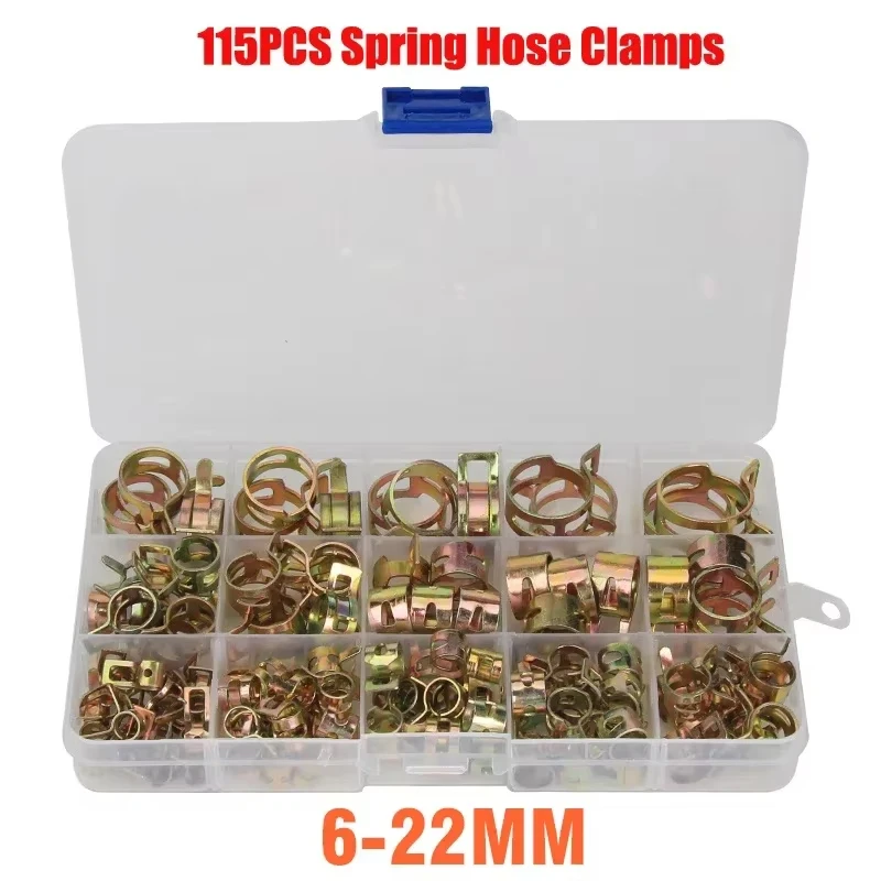 115 PCS 6-22mm Spring Hose Clamps or Pliers Zinc Plated Gas Water Hose Clamp Metal Tools Assortment Kit