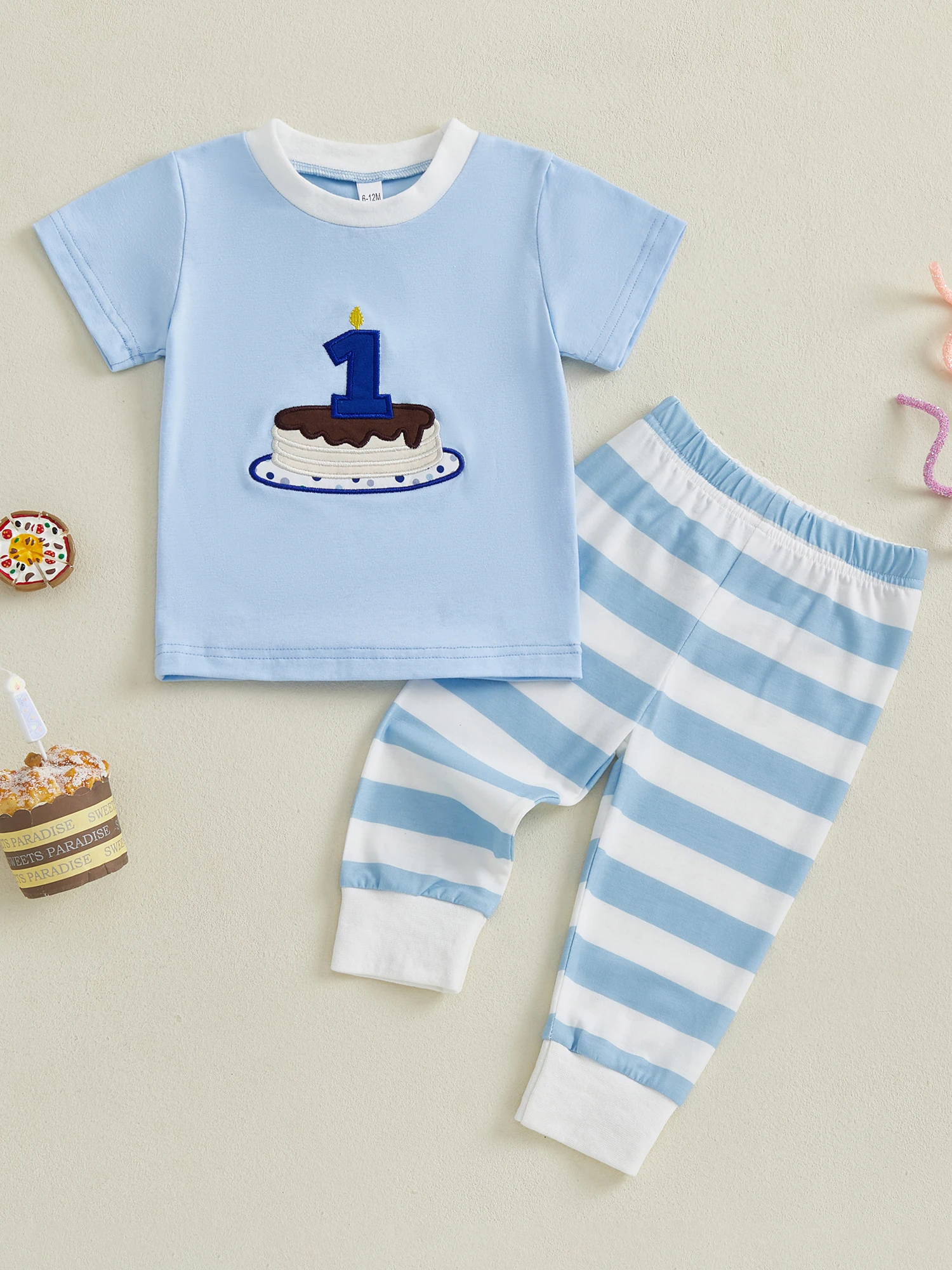 

Toddler Boys 1st Birthday Outfit Cake Smash Short Sleeve T-Shirt and Striped Pants Set with Embroidery Detail - Adorable