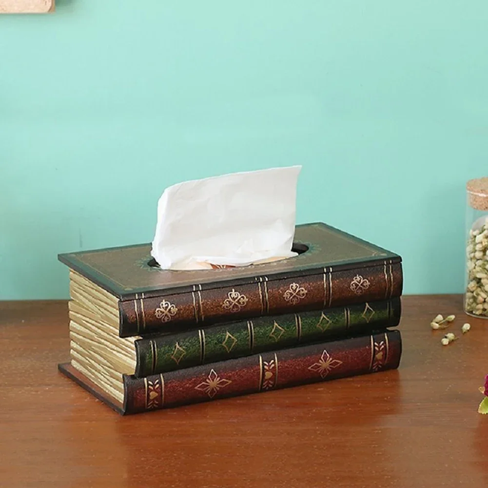 

Book Shaped Vintage Tissue Box Cover Artistical Wooden Paper Extraction Box Creative Tissue Organizer Box for Home Decor
