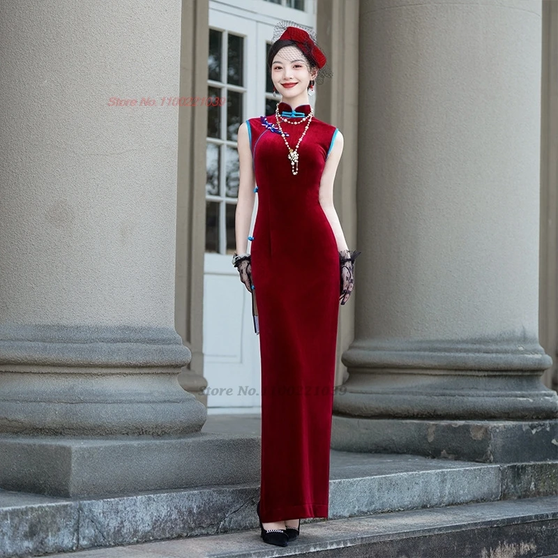 

2025 chinese vintage dress improved sleeveless cheongsam banquet evening dress traditional velvet qipao stage performance dress