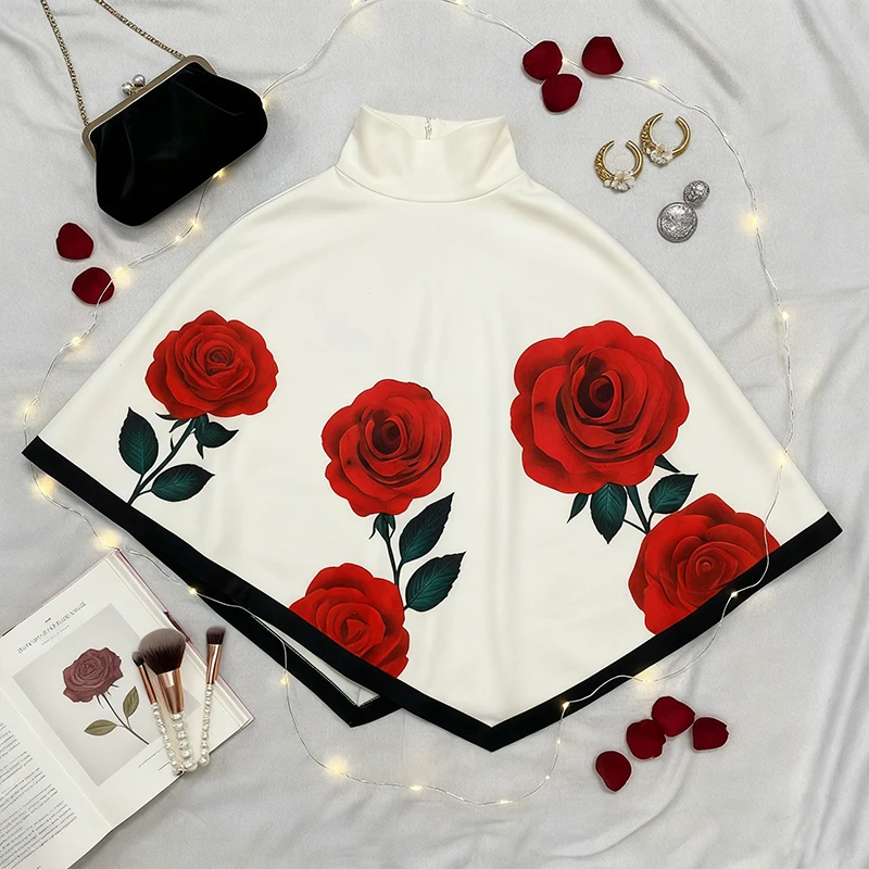 

Krisstarsgirls 2025 Autumn Casual Cape for Woman Winter New Warm Rose Flower Print High Neck Urban Ladies Loose 1 Piece Tops