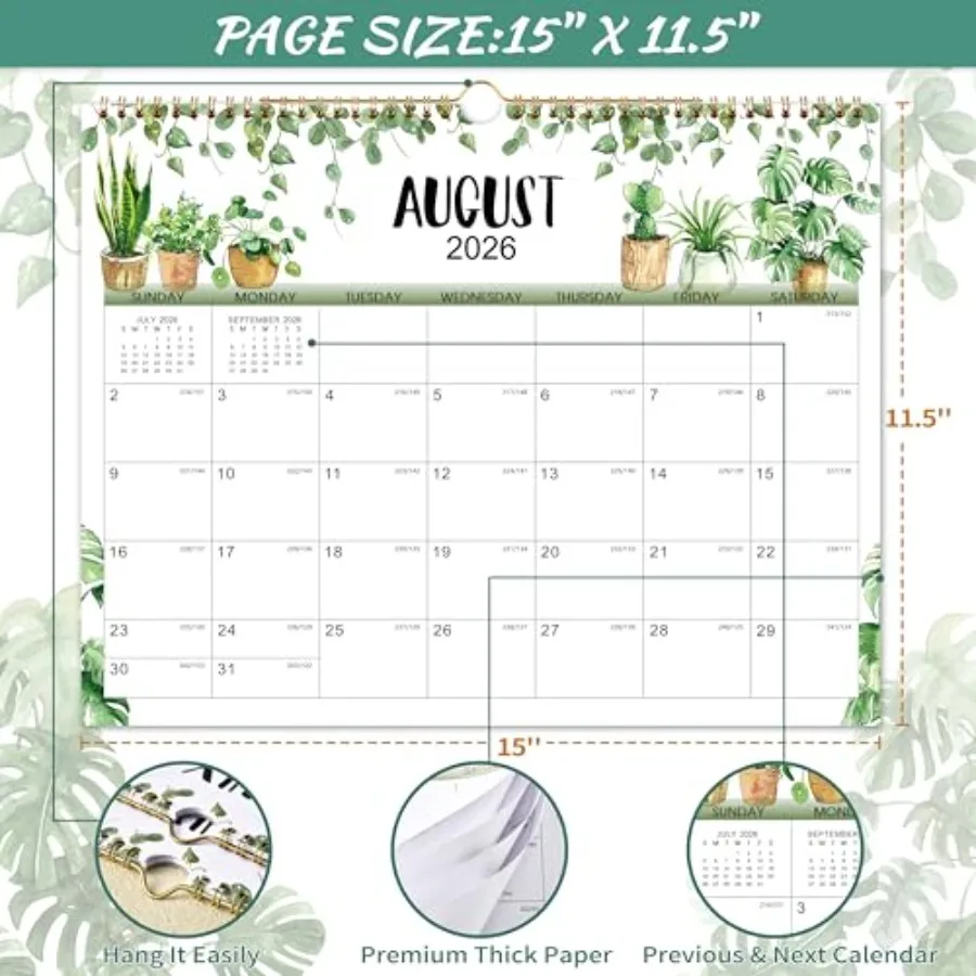 Calendario 2026 Calendario da parete 2026 gennaio 2026 dicembre 2026 Calendario da 12 mesi 15" x 11,5" Rilegatura TwinWire + Gancio per appendere + Carta spessa
