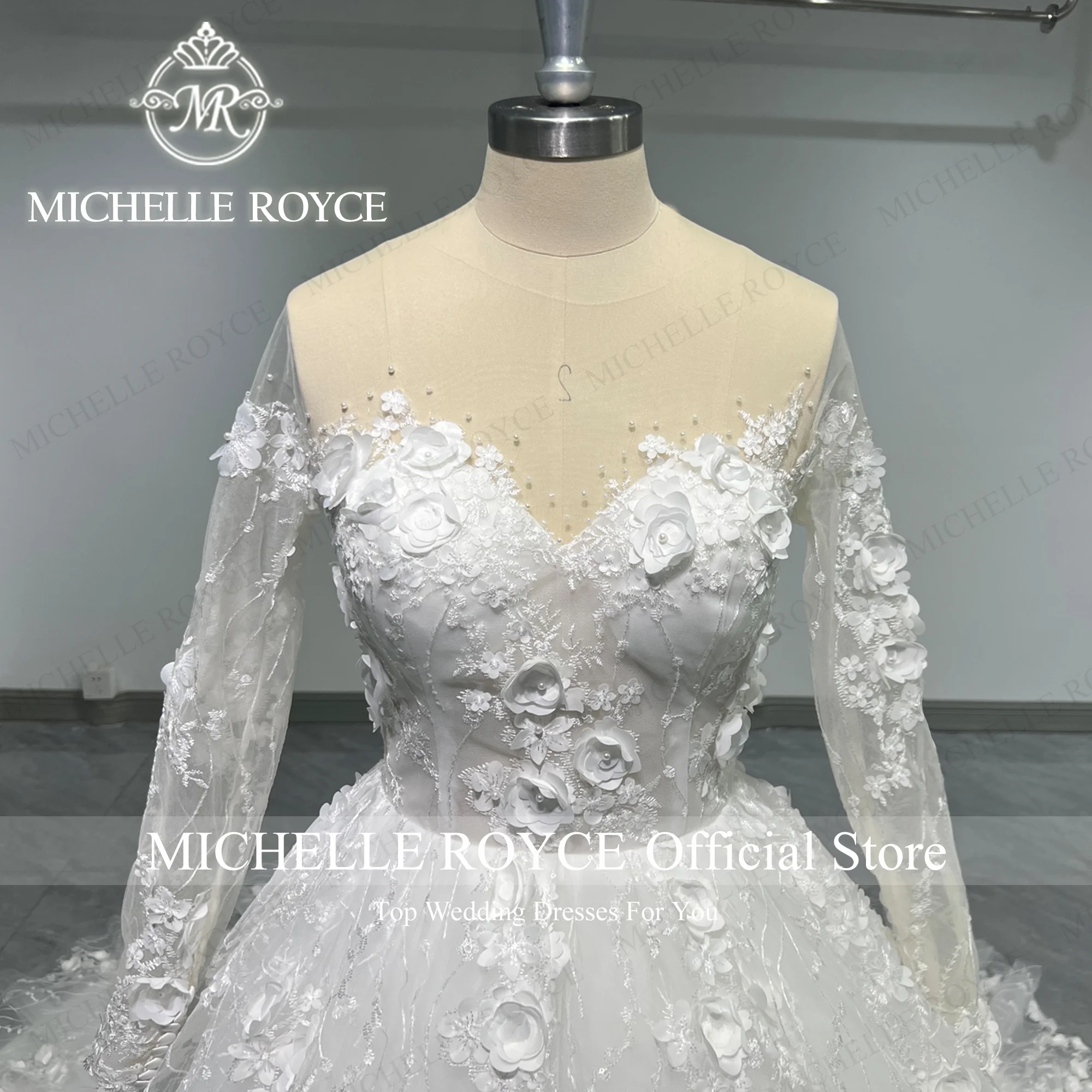 Michelle Royce Ball Gown Wedding Dresse 100% Real photos Long Sleeve Sweetheart Flowers Appliques Wedding Gown Vestidos De Novia