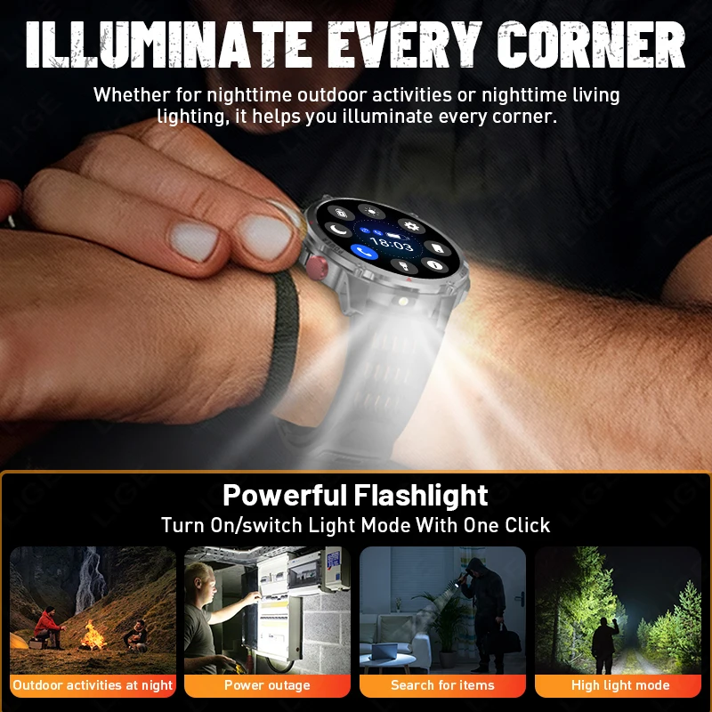 LIGE New 1100mAh Large Battery Smart Watch Outdoors Compass IP68 Waterproof LED Flashlight BT Call 100+ Sports Mode Smartwatches