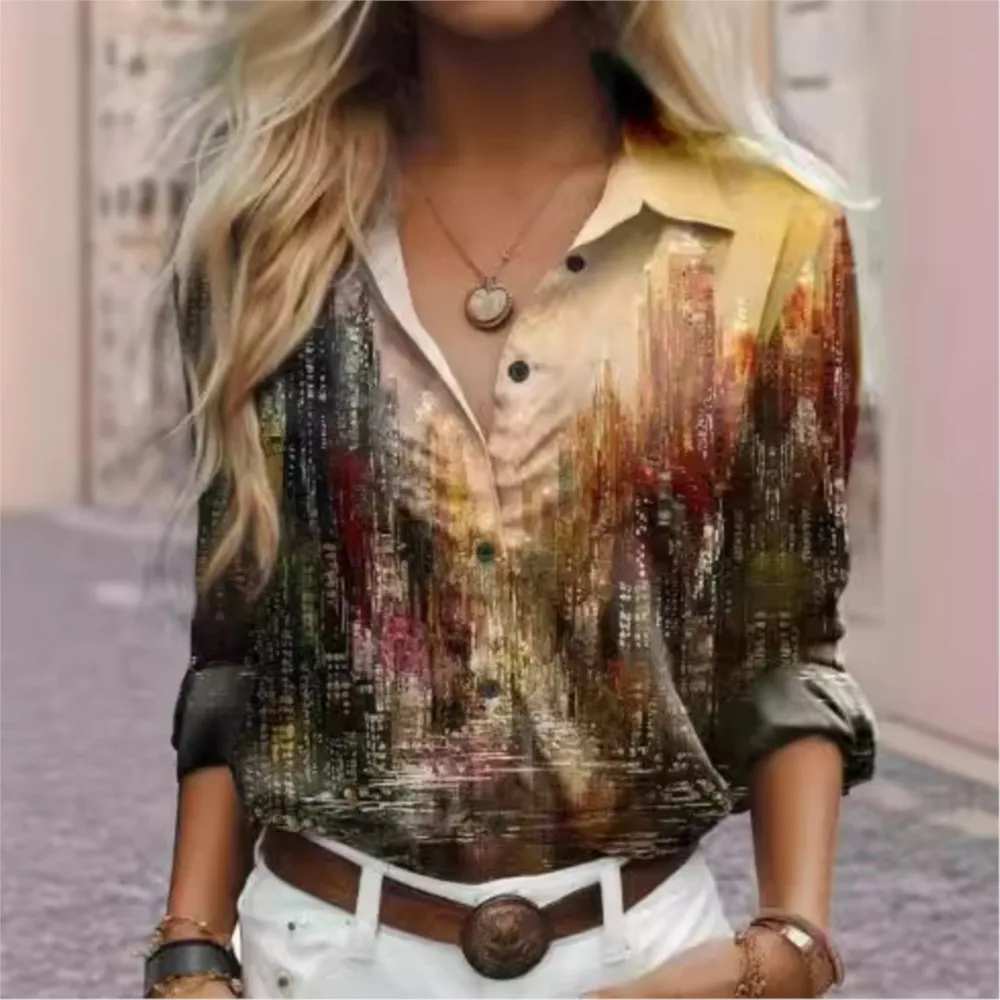 Loose Lapel Button Up Shirt 2024 Creative Printing 3D Digital Print Shirt Tops Casual Trend Long Sleeved Women\'s Blouse Camisas