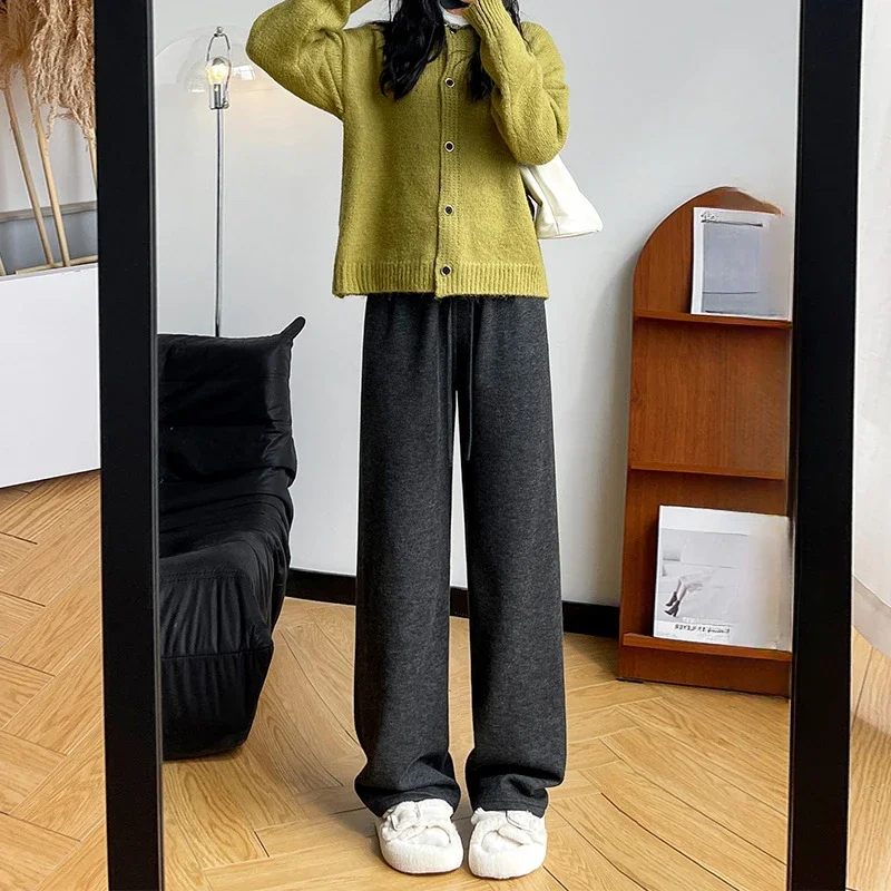 Knitted Drawstring Plush Wide Leg Pants Fashion Solid Color High Waist Floor Length Pants Slimming Straight Leg Casual Pants