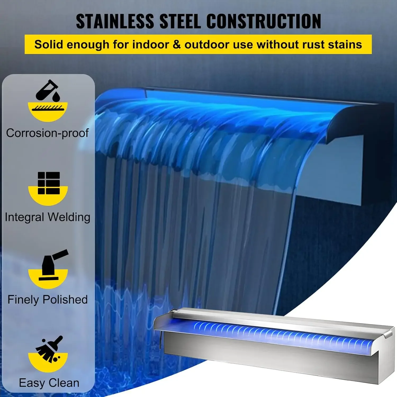 Fuente de piscina Cascada de piscina de acero inoxidable 11,8" x 4,5" x 3,1" con tira de luz LED Cascada Spillway con tubo