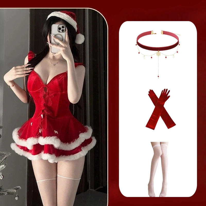

Christmas Red Dress Cosplay Sexy Pajamas with Hat Socks Full Set Sleepwear Dresses Xmas Clothes Theme Party for Women