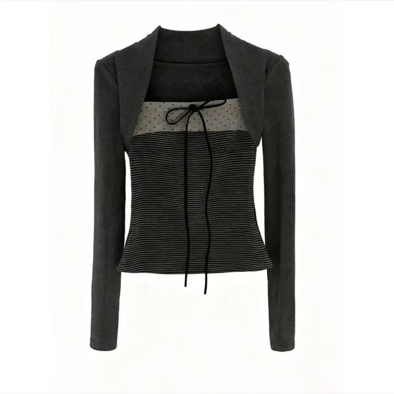 2026 Spring Autumn New Fashion Korean-style Hot Girl Color-blocking Bow Tie Polka Dot Vest Fake Two-piece Top T-shirt for Women