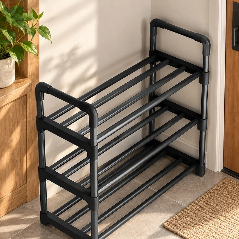Compact Black Multi-Level Shoe Rack for Dorms and Entryways, Space-Efficient Storage Solution