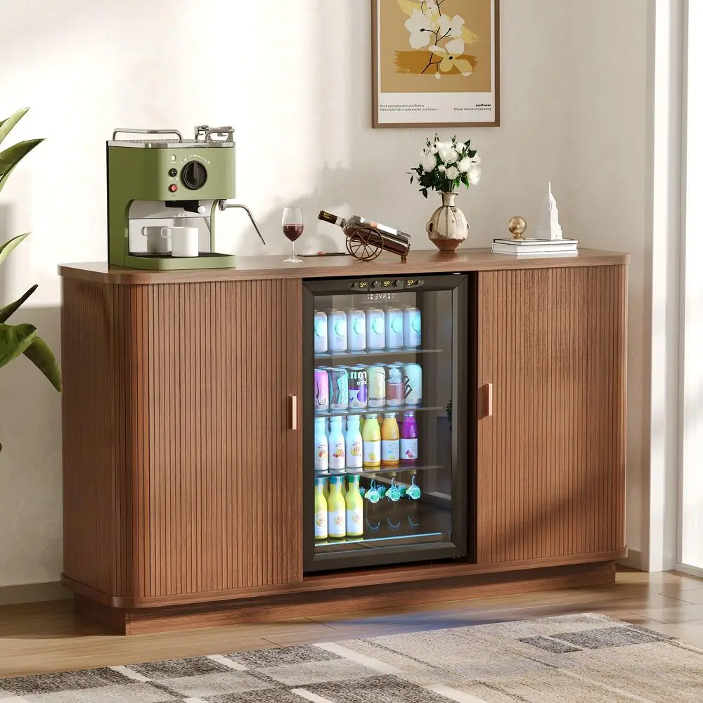 

Bar Cabinet with Fridge Space, Liquor Wine Bar Cabinets with Wine Rack and Glass Holder, Mini Fridge Cabinet with Storage, Flut