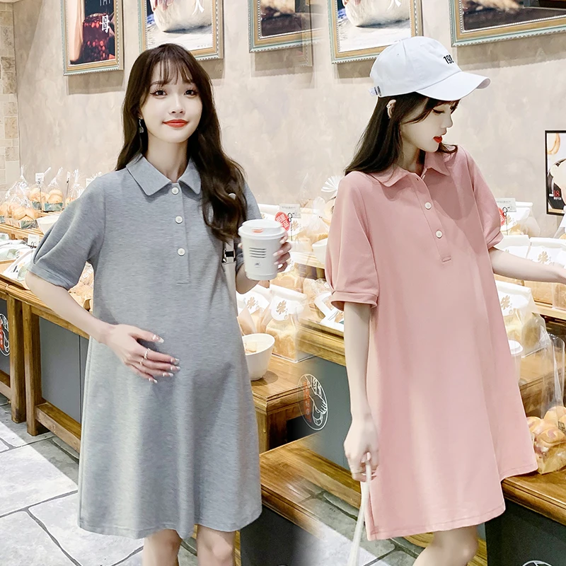 

2024 Summer Turn-down Collar Loose Fashion Pregnant Women Dress Solid Color Plus Size Maternity A-Line Cotton Dress Casual Dress