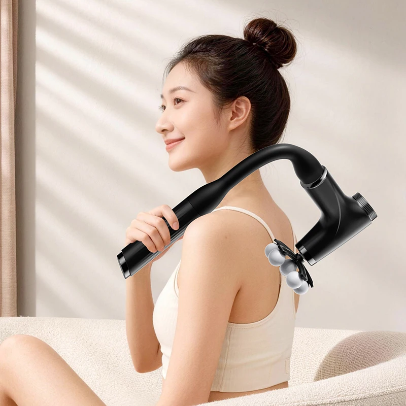 U-Shaped Long Handle Massage Gun, Ergonomic Deep Tissue Percussion for Back/Neck/Waist, 4 Heads & Adjustable Speed