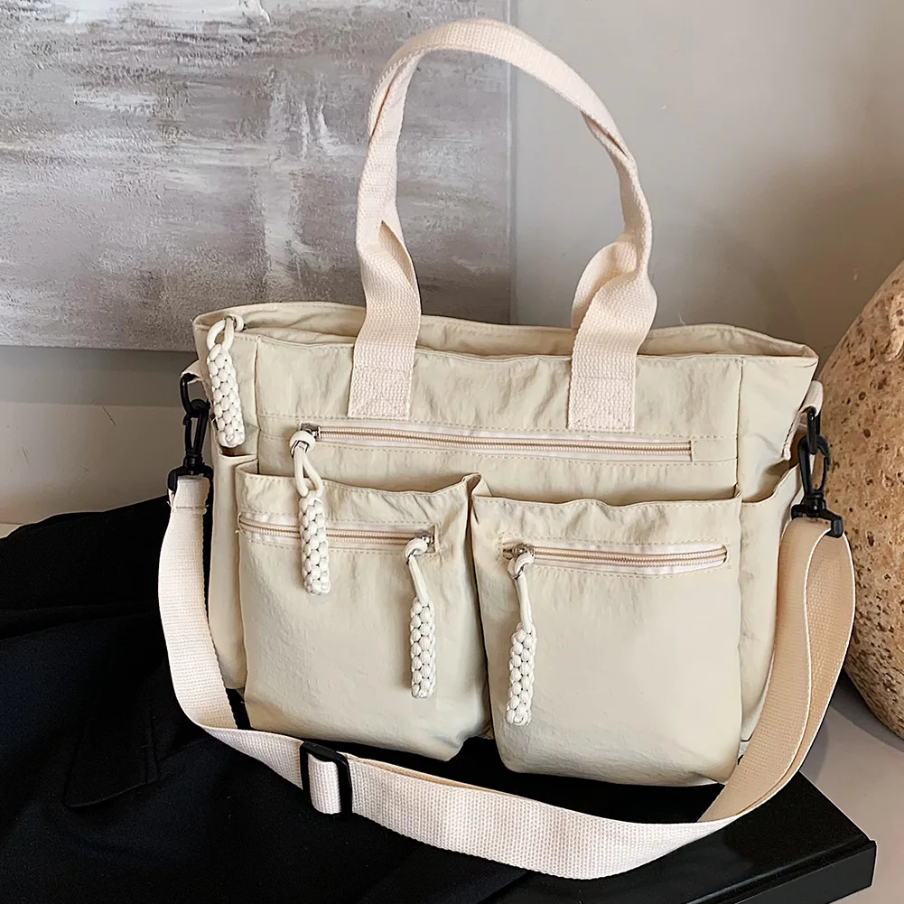 حقيبة كتف نسائية من النايلون مع جيوب متعددة مع سحاب بلون سادة، حقيبة حمل للعمل أثناء السفر #2