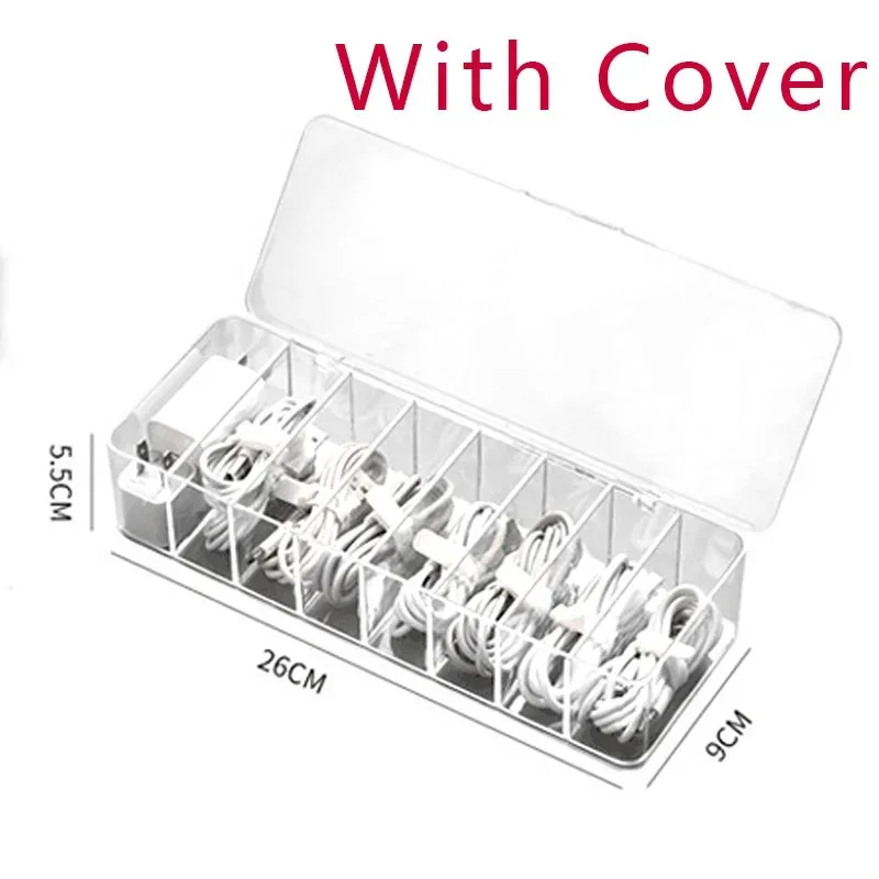 The Transparent Plastic Data Cable Storage Box Household Cable MobilePhone Charger Charging Cable Finishing Box Divided Grid Box