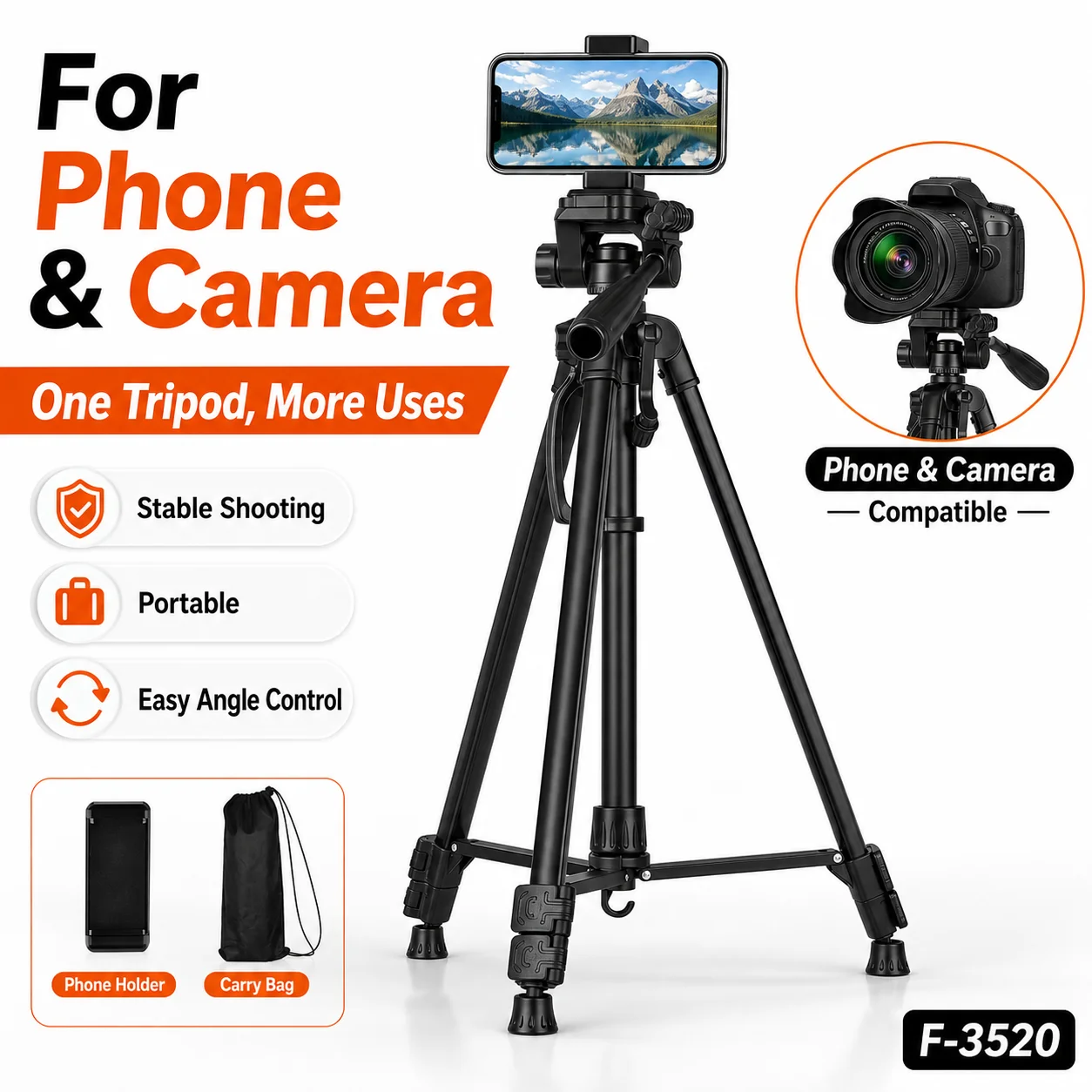 Heavy Duty Aluminum Tripod with 3 - Axis Phone Mount Carry Bag Compatible Projector Smartphone Webcam Live Streaming