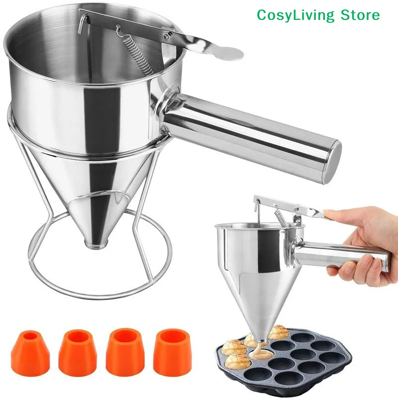 [CL]1200ml Stainless Steel Funnel Dispenser With Rack Cupcake Pancake Batter Maker Octopus Fish Ball Home Kitchen Baking Tools