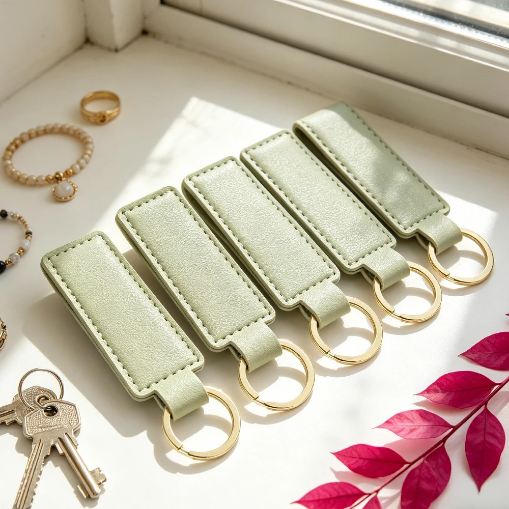 

20/50/100Pcs Doublesided PU Leather Keychain Car Thread Gift Metal Pendant Waist Strap Key Chain Simple Keyholder Can Custom