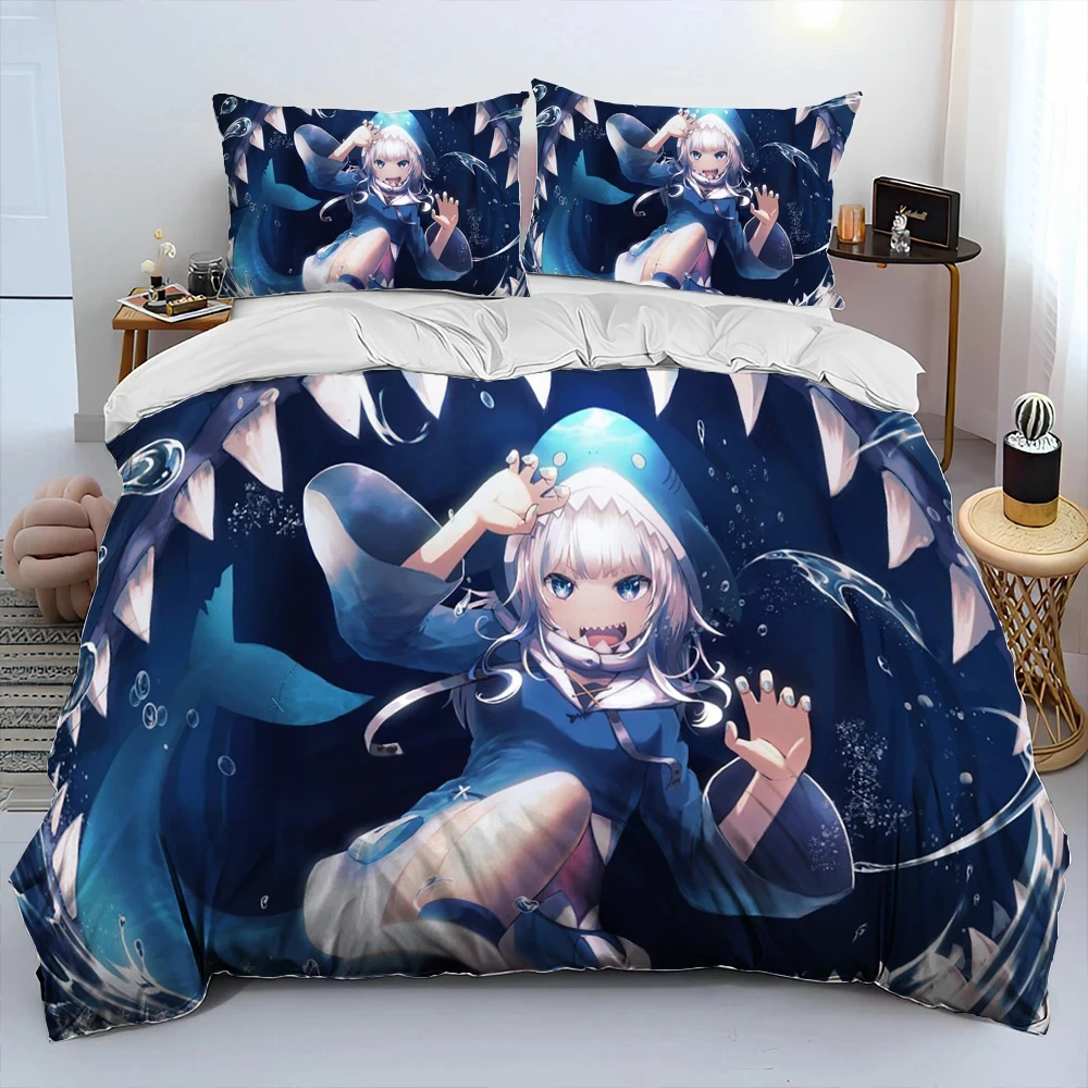 Cute Gawr Gura Hololive Anime Shark Comforter Bedding Set,Duvet Cover Bed Set Quilt Cover Pillowcase,king Queen Size Bedding Set