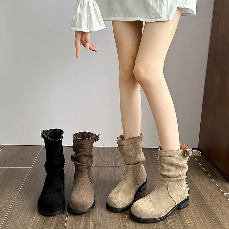 

Retro Belt Buckle Short Boots Women Autumn and Winter New Versatile Midtube Knight Boots Flat Bottomed Sleeve Suede Cowboy Boots