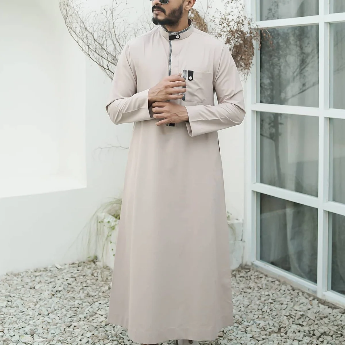 Robe kaftan masculino manga longa bloco de cores roupa formal islâmica solta estilo étnico árabe casual vestido muçulmano