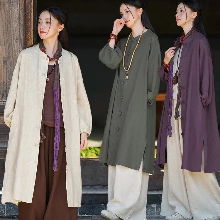 

Льняная женская осенняя верхняя одежда средней длины в стиле дзен, свободный крой из хлопка и льна, открытый кардиган, топ, художественный топ для поездок на работу