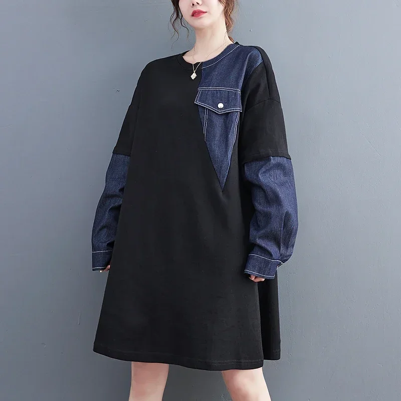 

Denim Patchwork Vintage Dresses For Women New Long Sleeve Loose Casual Midi Dress Fashion Elegant Clothing Spring Autumn