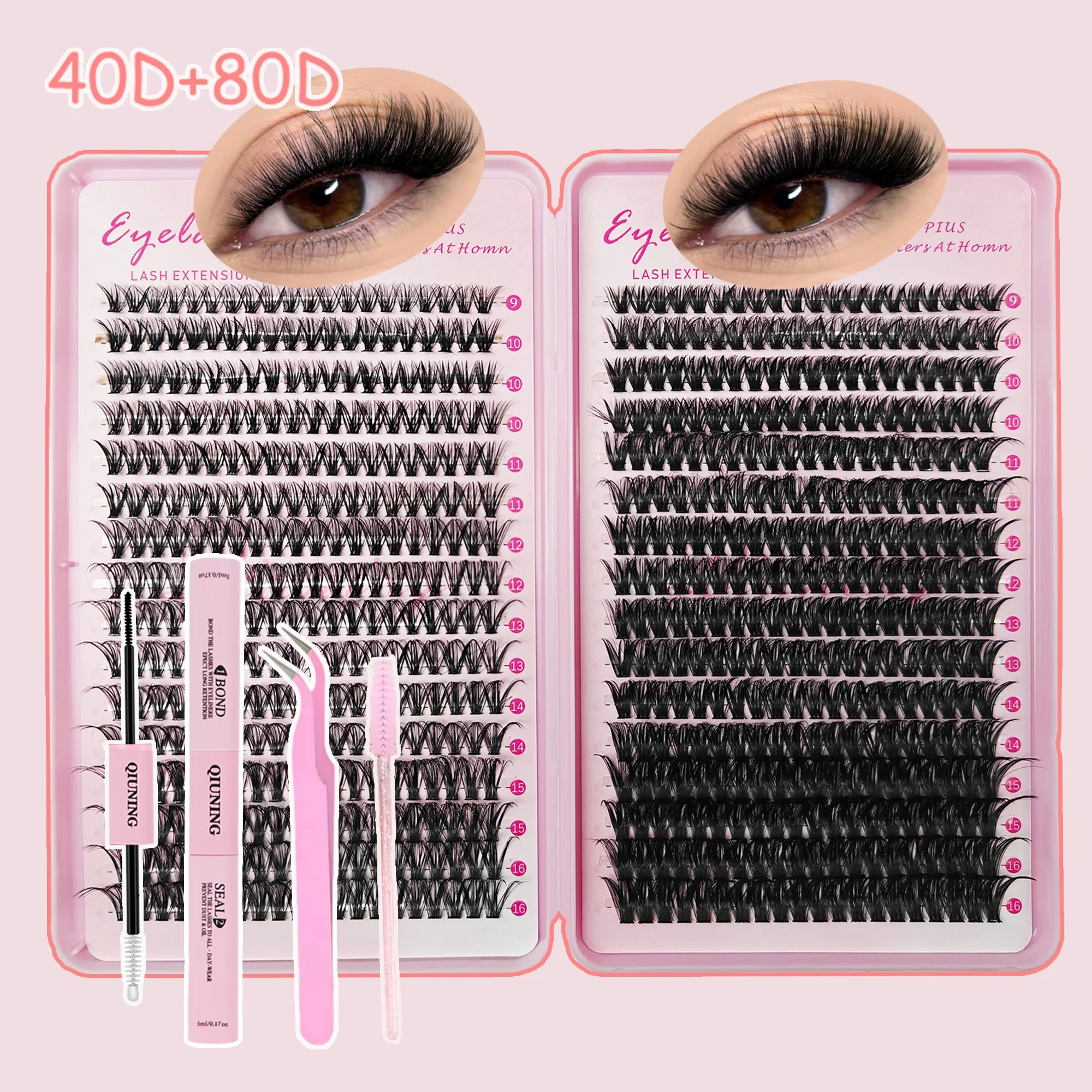 

QIUNINGLASHES DIY Eyelash Extension Kit Individual Lashes Cluster Mix Lash Clusters with Lash Bond and Seal and Lash Accessories