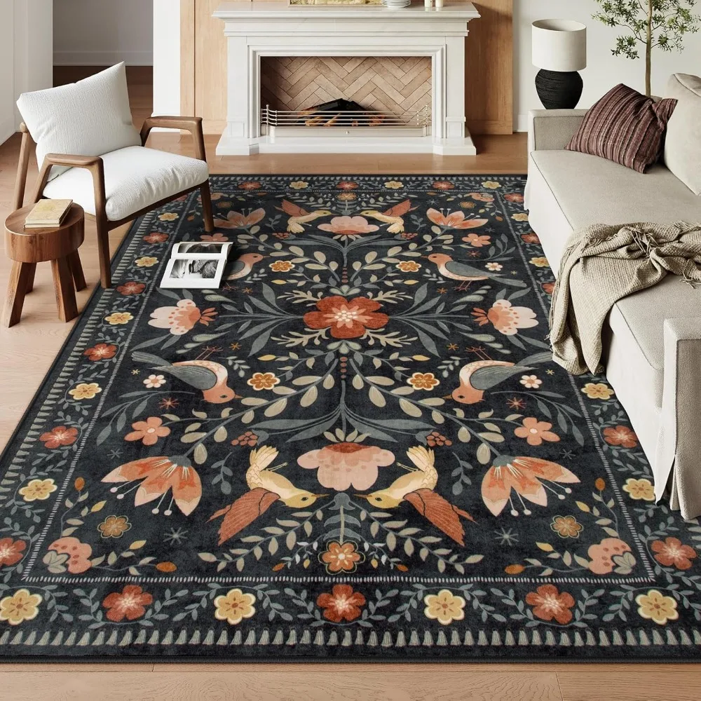 

Моющиеся коврики Morebes 8x10 для гостиной, нескользящие, мягкие коврики в стиле бохо с птицами и насечками Moody для спальни, ультратонкие флора