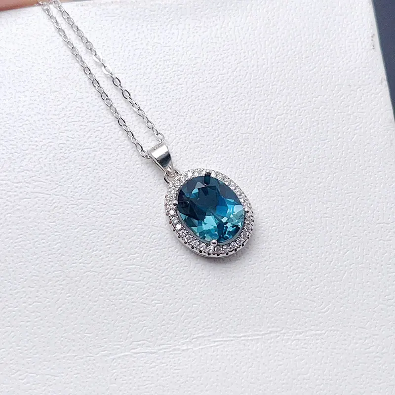925 Silver Natural London Blue Topaz Pendant with Certificate 8x10mm Genuine Blue Topaz Jewelry Gift for Women