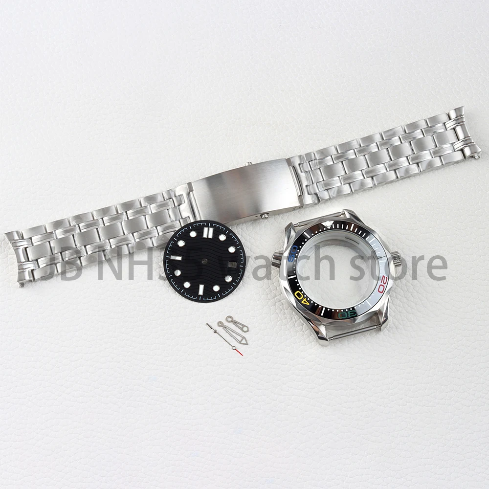 41mm Silver NH35 Watch Case With 31mm Dial and hands Green Luminous Fit Seamaster 300  NH35 NH36 Movement 316L Stainless Steel