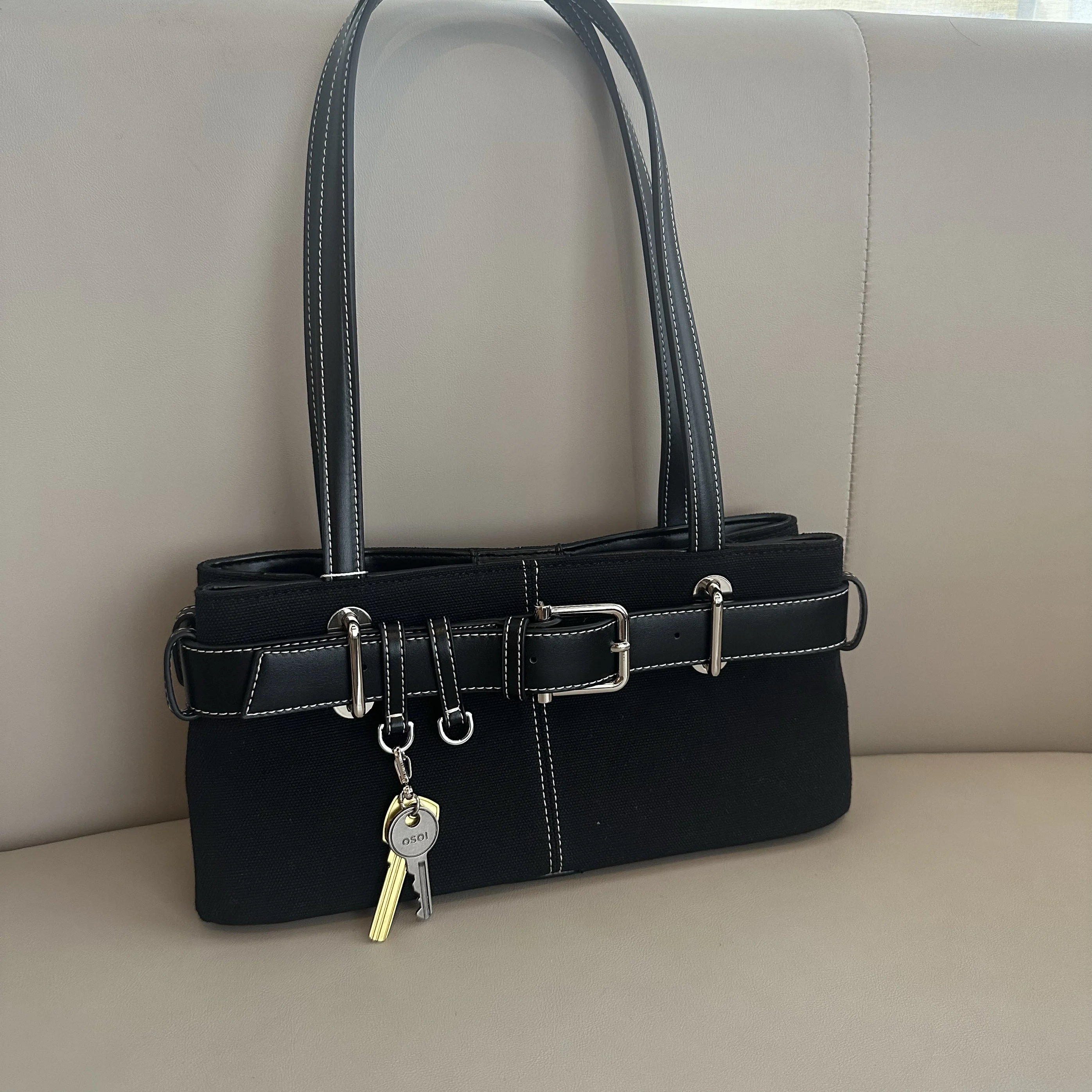 

Trendy Belt Bule Women's Bag Horizontal Large Commuter Bag Lazy Sle Handbag Faionable Versatile Canvas Leather Bag