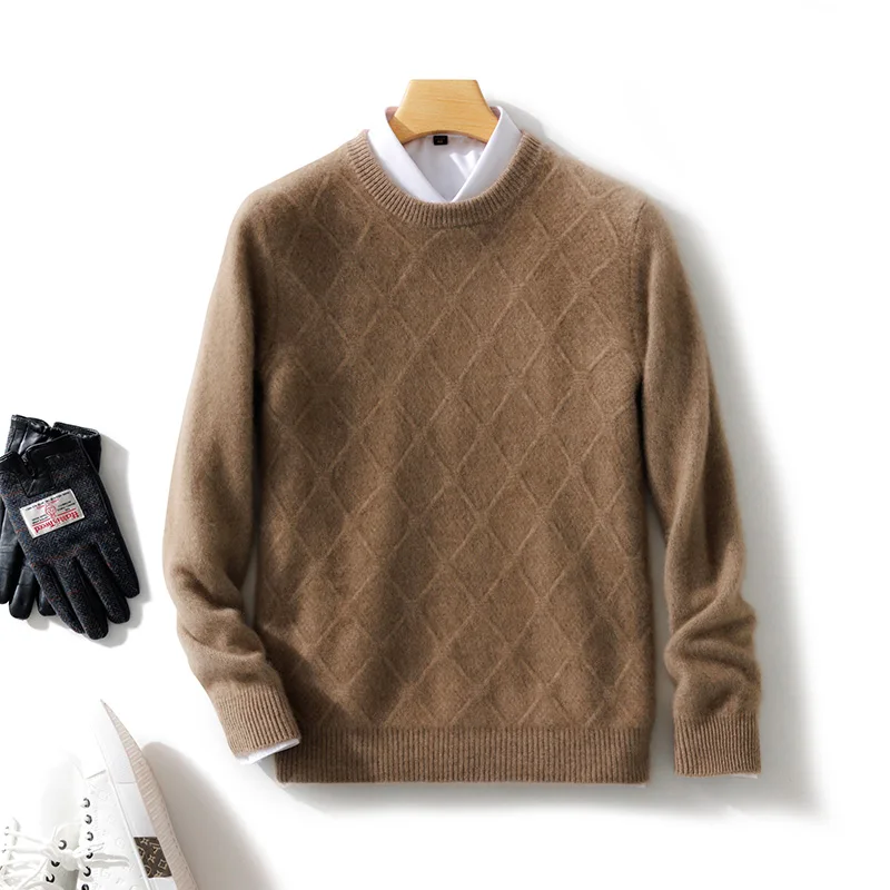 New Men's O-neck Diamond Grid Pullover 100% Pure Cashmere Wool Soft Sweater Autumn Winter Casual Thick Basis Large Size Top