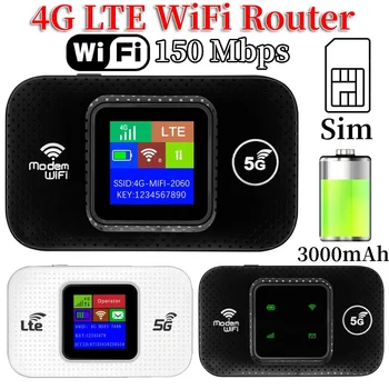 와이파이 라우터 4G LTE 무선 휴대용 잠금 해제 모뎀, 미니 야외 핫스팟, 150mbps 모바일 포켓 Mifi SIM 카드 슬롯 리피터, 3000mAh