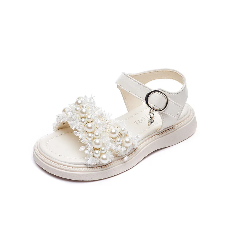 Girls Sandals 2023 New Summer Princess White Sandals Pearl Platform Baby Beach Shoes Non-slip Flat Girls Casual Sandals G945