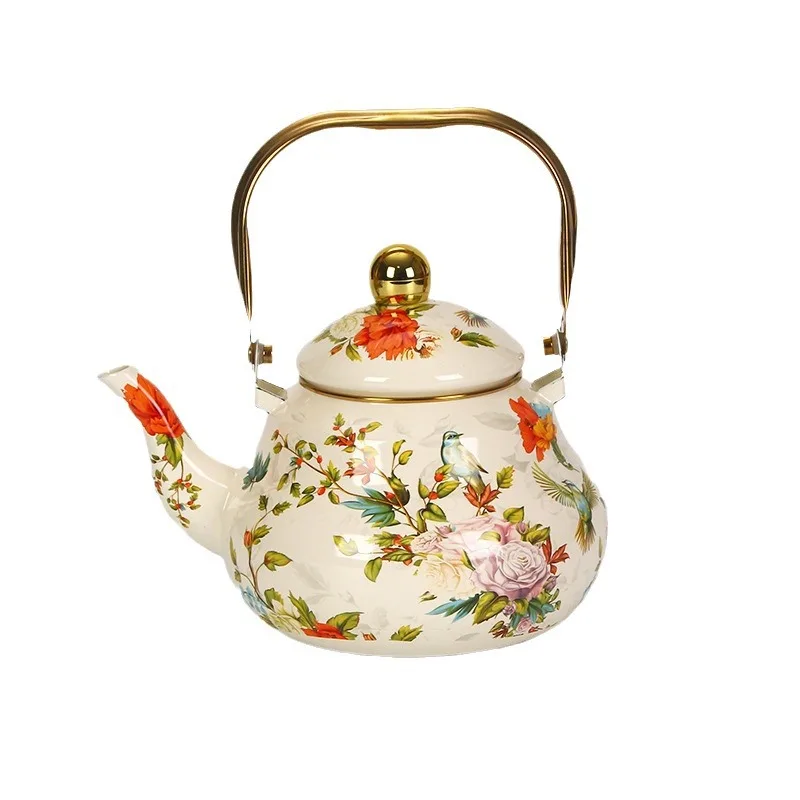 

Enamel Teapot 2.5L Enamel Kettle Kettle Gold Handle Pear Shaped Kettle Hot Water Kettle Retro Floral Coffee Pot