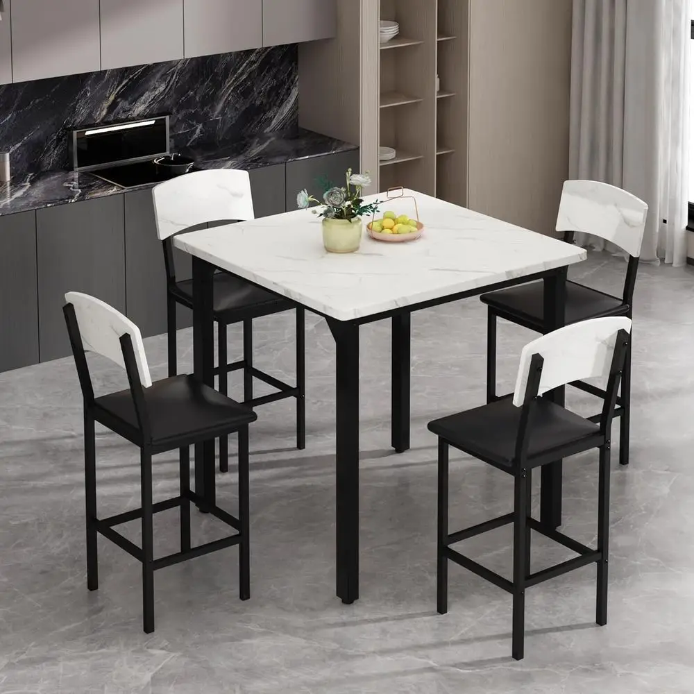 5-Piece Marble-Textured Dining Set with Upholstered Chairs for Compact Spaces