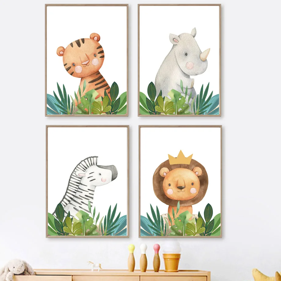 Boho Cartoon Animal Poster Tiger Rhino Giraffe Elephant Lion Nursery Wall Art Print Canvas Painting Decor Picture Baby Kids Room