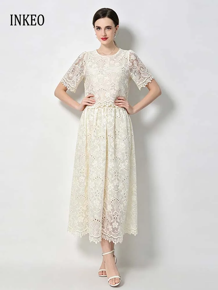 Luxury Woman 2  Piece set Elegant O-neck short tops Sequins lace embroidery crop tops and midi skirt 2026 Collection INKEO 6D099