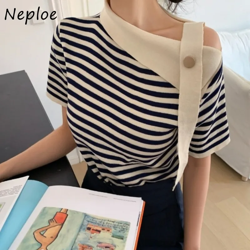 Neploe Fashion Striped Off Shoulder T-shirts Summer Thin Ice Silk Knitted Tops Women 2024 New Slim Fit Short Sleeve Tee Shirt