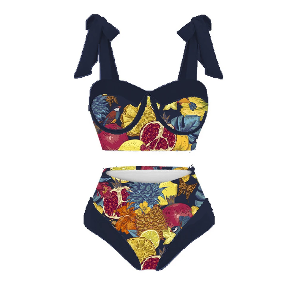 Women\'s Two-Piece Split Swimsuit 2024 New Retro Tropical Fruit Mixed Print Summer Beach Spa Resort Swimwear Sexy Beach Dress