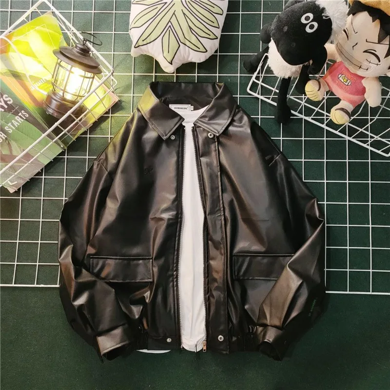 

Windproof Men's PU Leather Bomber Jacket Oversized Military Style Workwear Coat for Autumn Winter Brown Large Size​