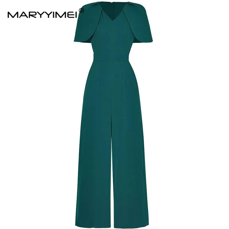 MARYYIMEI Fashion Designer Spring Summer Women's Sexy V-Neck Cloak Sleeves Splicing Streetwear Wide Leg Pants Jumpsuit