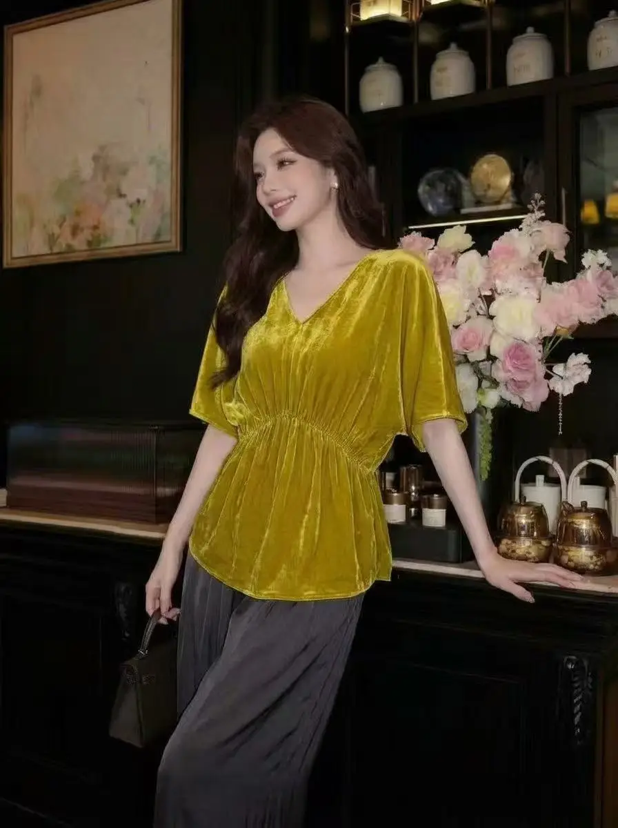 High End Summer New V-neck Silk Private Fabric Bat Sleeve + With Elastic Waistband and Loose Fitting Women's Shirt M-XXL