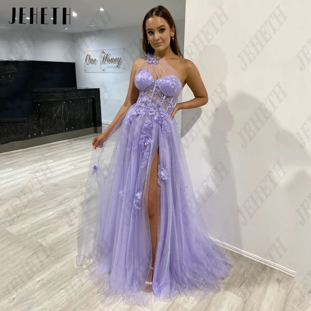 JEHETH Moderne Abendkleider Für Frau Tüll Eine Schulter Prom Kleid Split Lange 3D Blume A-Linie VeJeheth moderne Abendkleider für Frau Tüll eine Schulter Promi Ballkleid geteilt lange 3d Blume a-Linie Vestidos de Noche