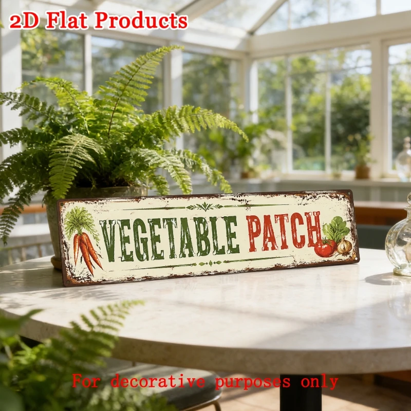 Vegetable Patch Long Distressed Tin Sign, Carrot Tomato Garlic Rustic Metal Plaque, Farm Garden Backyard Kitchen Wall Decor