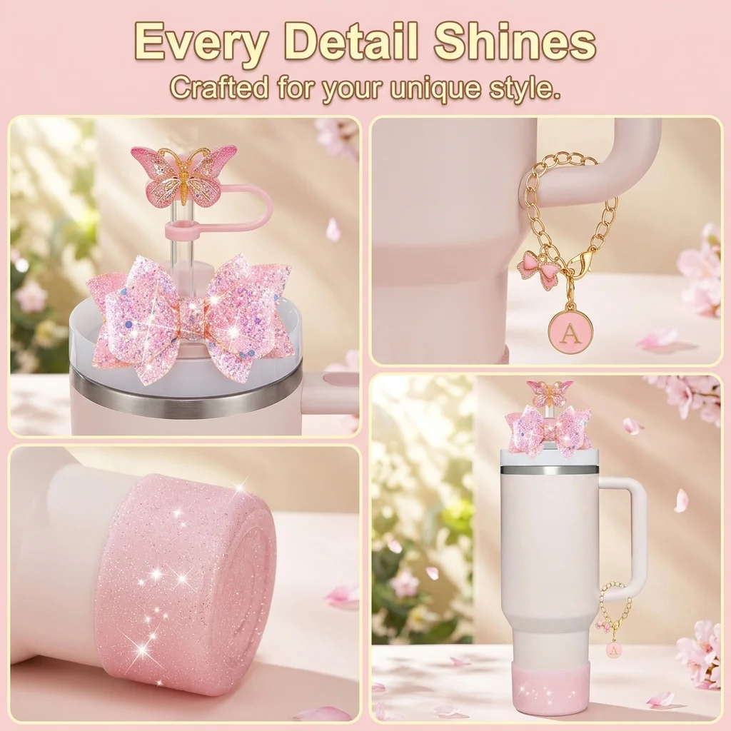 4pcs Pink Cup Accessories Set for Stanley Cup 40oz Including Silicone Straw Topper Cover Letter Charm Silicone Boot for Gift