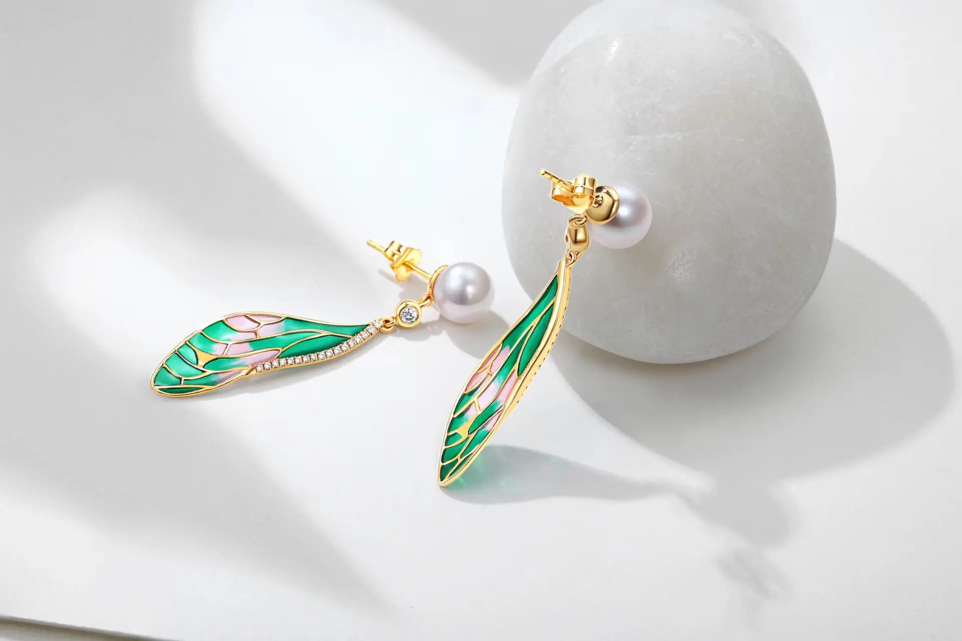 

S925 Silver Plated 14K Gold Enamel Earrings National Wind Dragonfly Shadow Earrings Dragonfly Wings